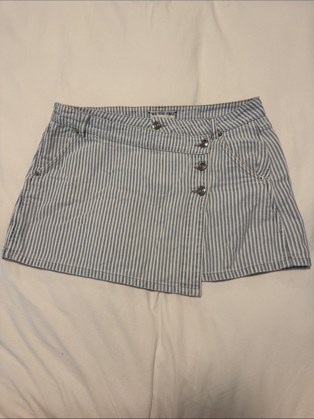 Free People Blue and White Striped Button Mini Skirt